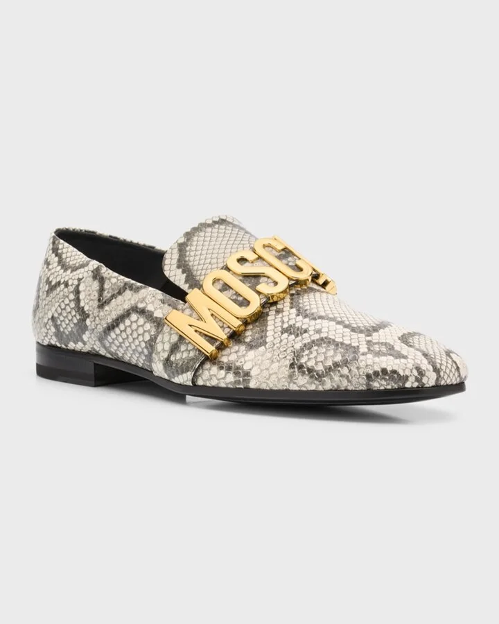Men's Maxi Lettering Snake-Print Leather Loafers - Image 2