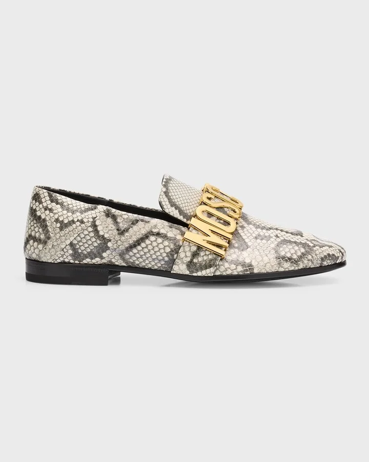 Men's Maxi Lettering Snake-Print Leather Loafers