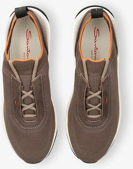 Mens Mid Brown Contrast-Stitch Stretch-Knit and Leather Low-Top Trainers Eur 41 / 7 Uk Men - Image 2