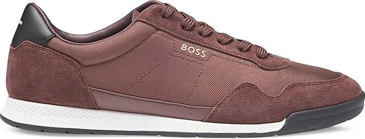 Men's Mixed-Material Lace-Up Trainer Sneakers - Dark Red - Size 6