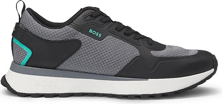 Men's Mixed-Material Trainers with Mesh Details and Branding - Grey - Size 6