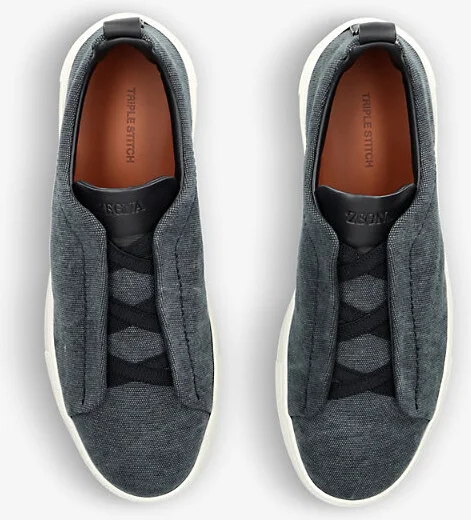 Mens Navy Triple Stitch Canvas Low-Top Trainers Eur 41.5 / 7.5 Uk Men - Image 2
