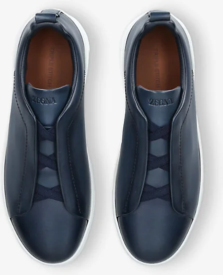 Mens Navy Triple-Stitch Low-Top Leather Trainers Eur 45 / 11 Uk Men - Image 2