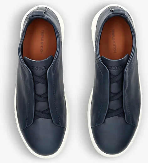 Mens Navy Triple Stitch Secondskin Leather Low-Top Trainers Eur 43 / 9 Uk Men - Image 2