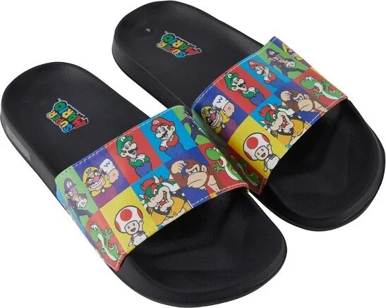 Mens Nintendo Mario Slide Sandals - Super Mario Shoes - Mario, Luigi, Kirby and Donkey Kong Slide Sandals Shoes (Black Rainbow, 6/7)