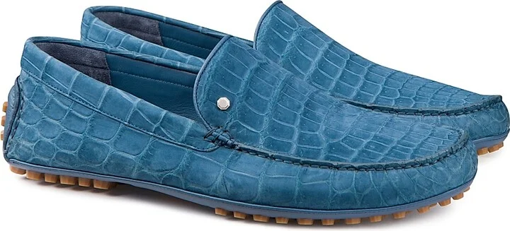 Men's Nubuck Crocodile and Calfskin Leather Loafers - Blue - Size 10 - Image 2