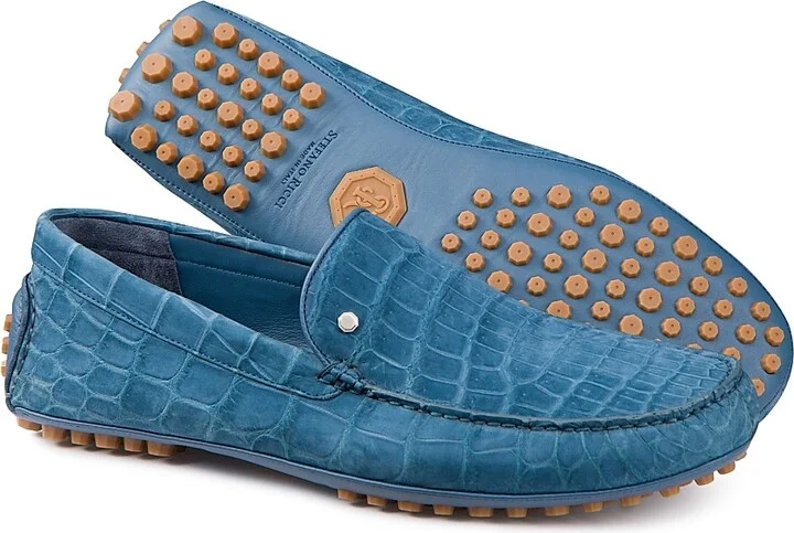 Men's Nubuck Crocodile and Calfskin Leather Loafers - Blue - Size 10 - Image 3