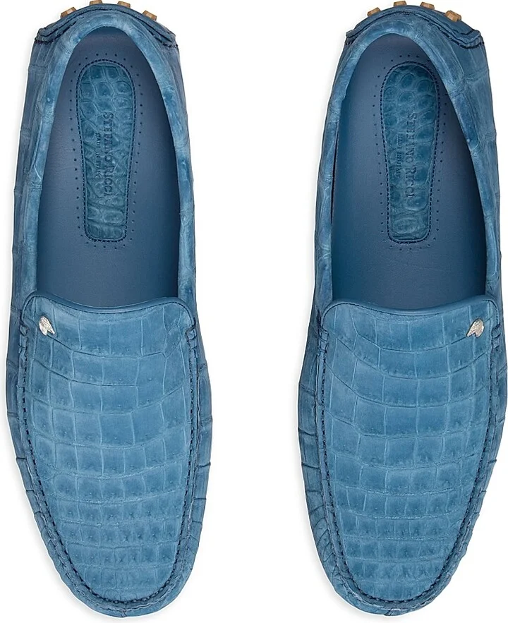 Men's Nubuck Crocodile and Calfskin Leather Loafers - Blue - Size 10 - Image 4