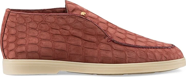 Men's Nubuck Crocodile Leather Loafers - Coral - Size 7