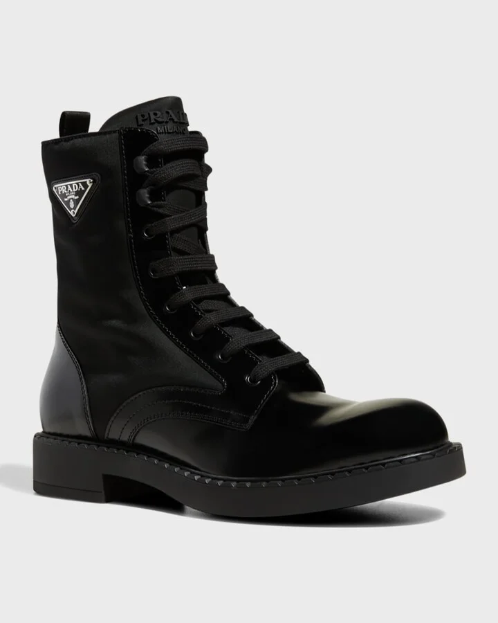 Men's Nylon & Leather Triangle Logo Combat Boots - Image 4