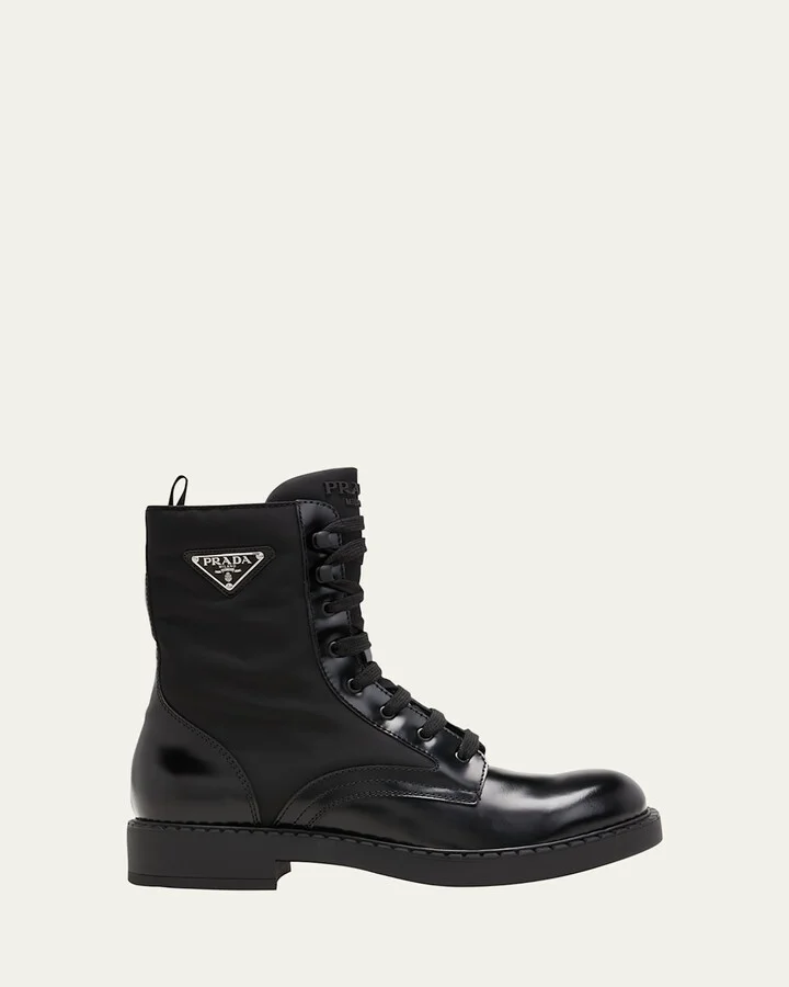 Men's Nylon & Leather Triangle Logo Combat Boots