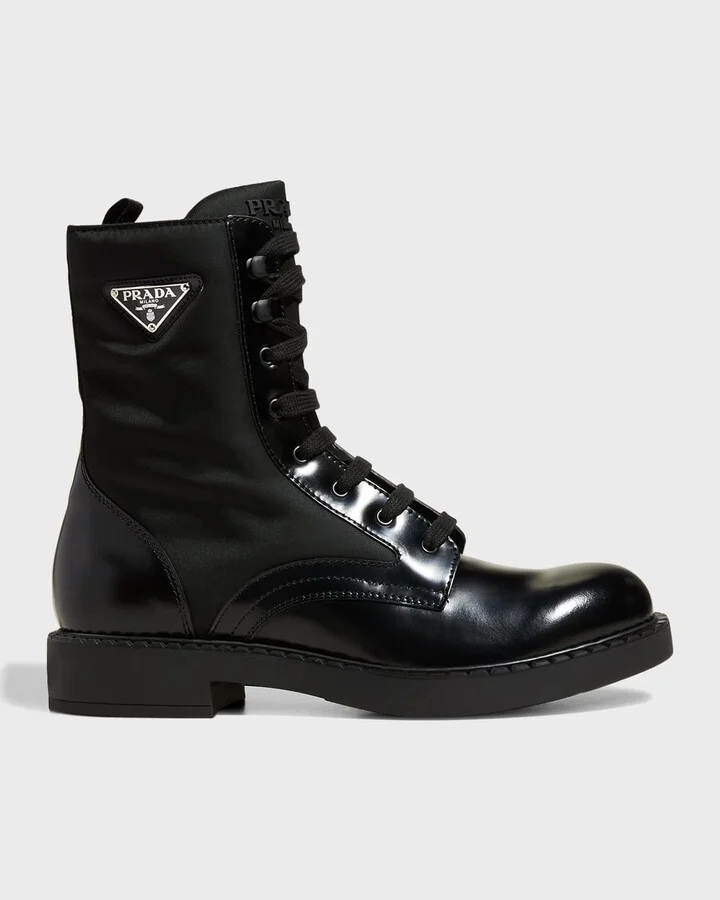 Men's Nylon & Leather Triangle Logo Combat Boots
