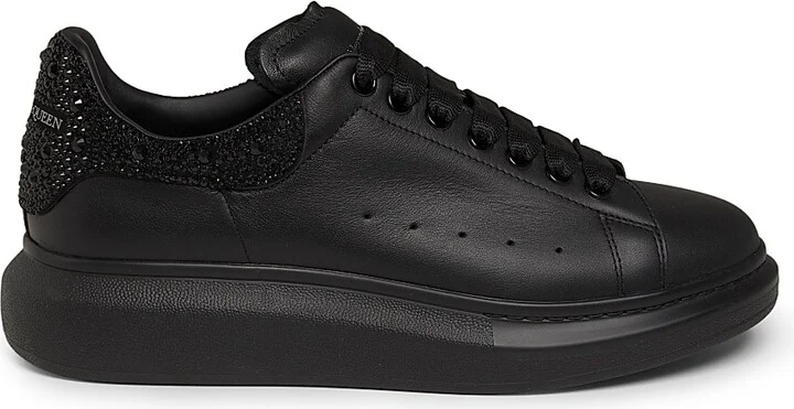 Men's Oversized Crystal Heel Leather Low-Top Sneakers - Black - Size 7