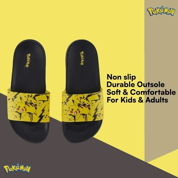 Mens Pokemon Pikachu Slide Sandals - Pokemon Pikachu Shoes - Pikachu, Ash, Charmander, Squirtle, and Bulbasaur Slides (Black Yellow, 10/11) - Image 2