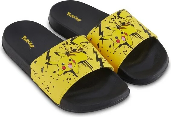 Mens Pokemon Pikachu Slide Sandals - Pokemon Pikachu Shoes - Pikachu, Ash, Charmander, Squirtle, and Bulbasaur Slides (Black Yellow, 10/11)