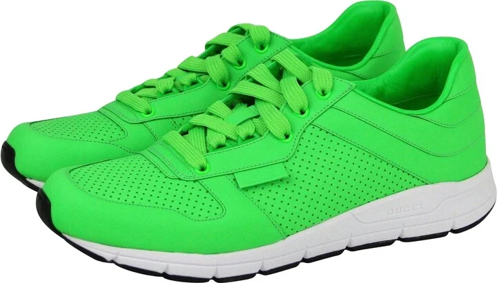 Men's Running Neon Green Leather Lace Up Sneakers - Image 2