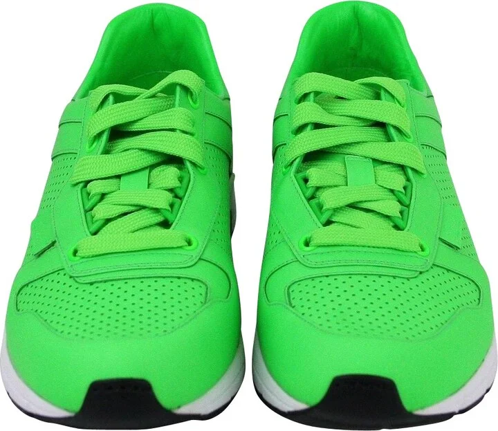 Men's Running Neon Green Leather Lace Up Sneakers - Image 3