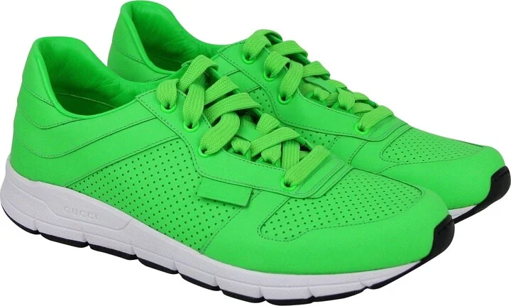 Men's Running Neon Green Leather Lace Up Sneakers - Image 4
