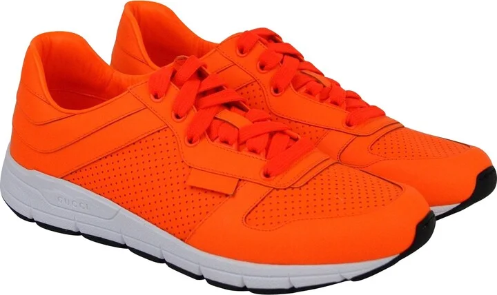 Men's Running Neon Orange Leather Lace up Sneakers - Image 4