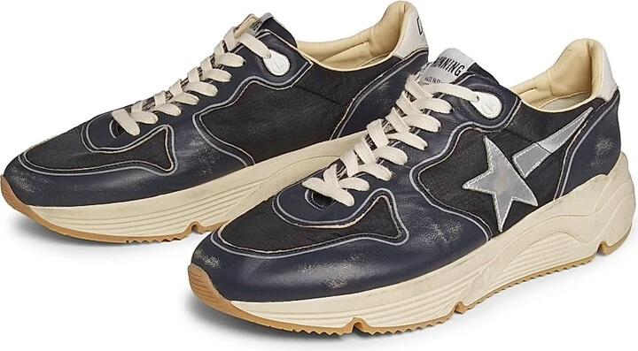 Men's Running Sole Leather-Trimmed Sneakers - Dark Blue Black Silver - Size 10 - Image 2