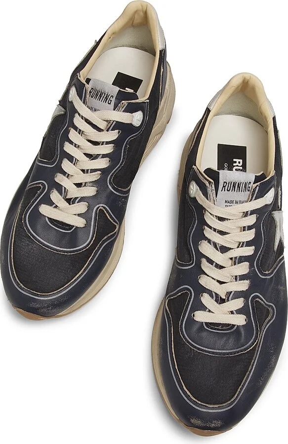 Men's Running Sole Leather-Trimmed Sneakers - Dark Blue Black Silver - Size 10 - Image 4
