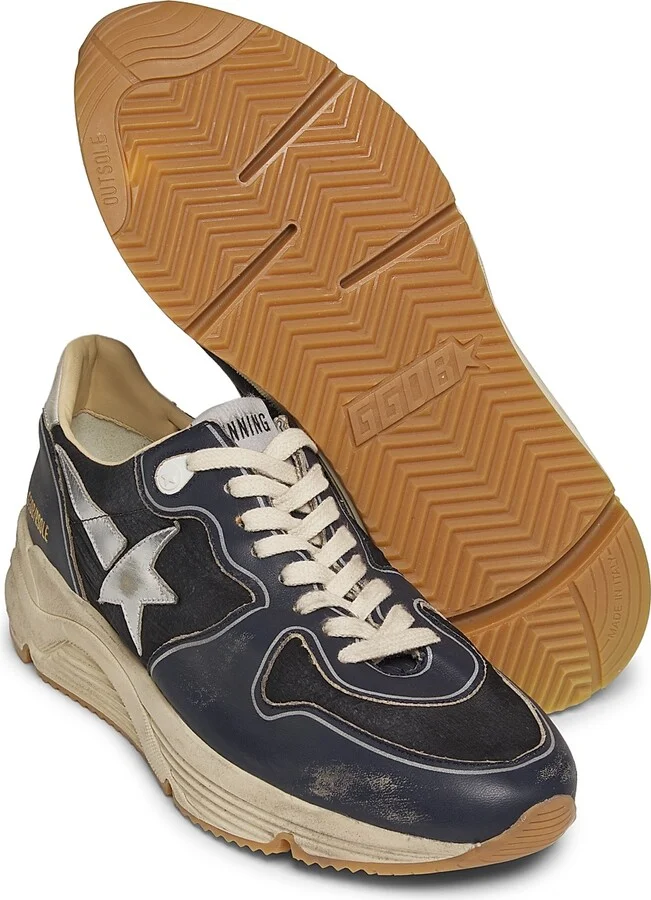 Men's Running Sole Leather-Trimmed Sneakers - Dark Blue Black Silver - Size 10 - Image 6