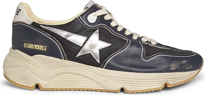 Men's Running Sole Leather-Trimmed Sneakers - Dark Blue Black Silver - Size 10
