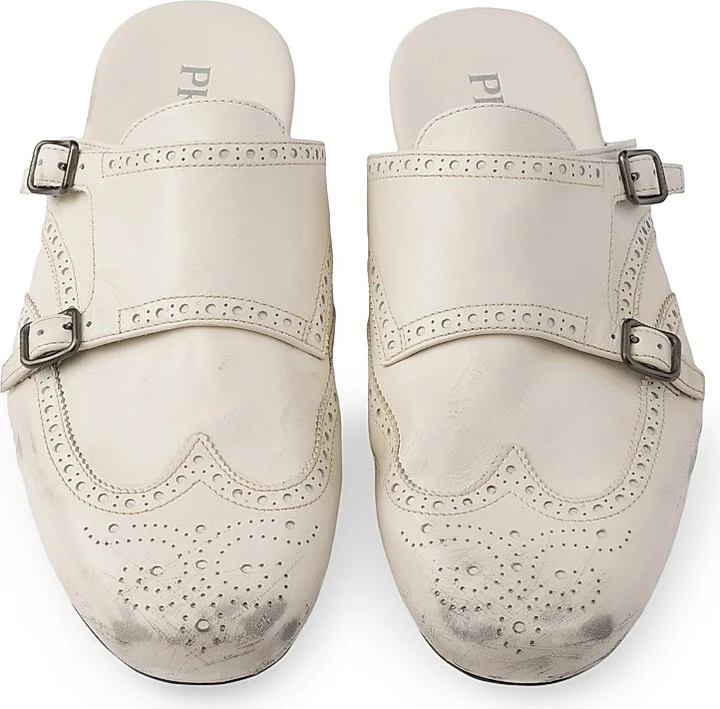 Men's Shuffle Antiqued Leather Double Monk Strap Mules - Beige Khaki - Size 7 - Image 2
