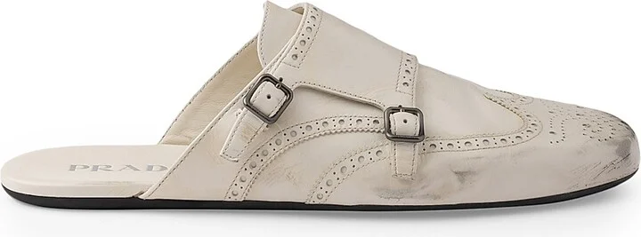 Men's Shuffle Antiqued Leather Double Monk Strap Mules - Beige Khaki - Size 7