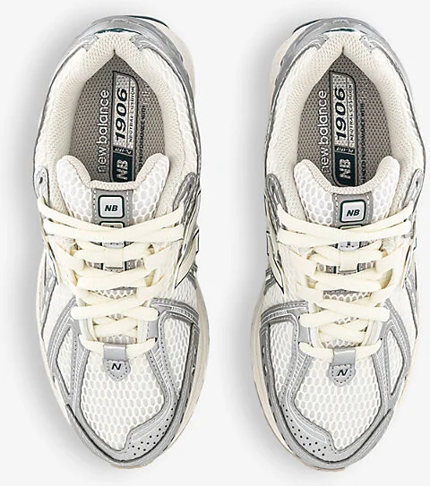 Mens Silver Metallic White 1906 Brand-Patch Leather and Mesh Low-Top Trainers Eur 41.5 / 7.5 Uk Men - Image 2