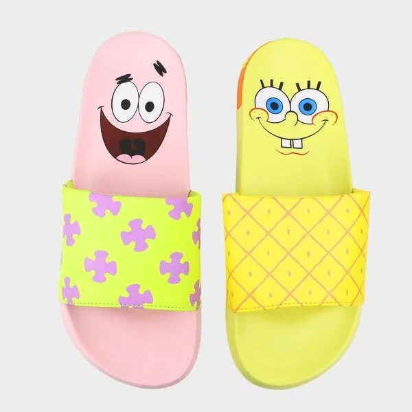 Men's SpongeBob Slides - Yellow/Pink : Nickelodeon Sandals, Open Toe, Slip On, Medium Width, EVA Sole, SpongeBob SquarePants Design
