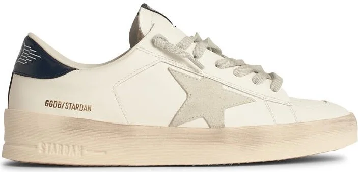 Men's Standard In White Leather With Grey Suede Star And Blue Leather Heel