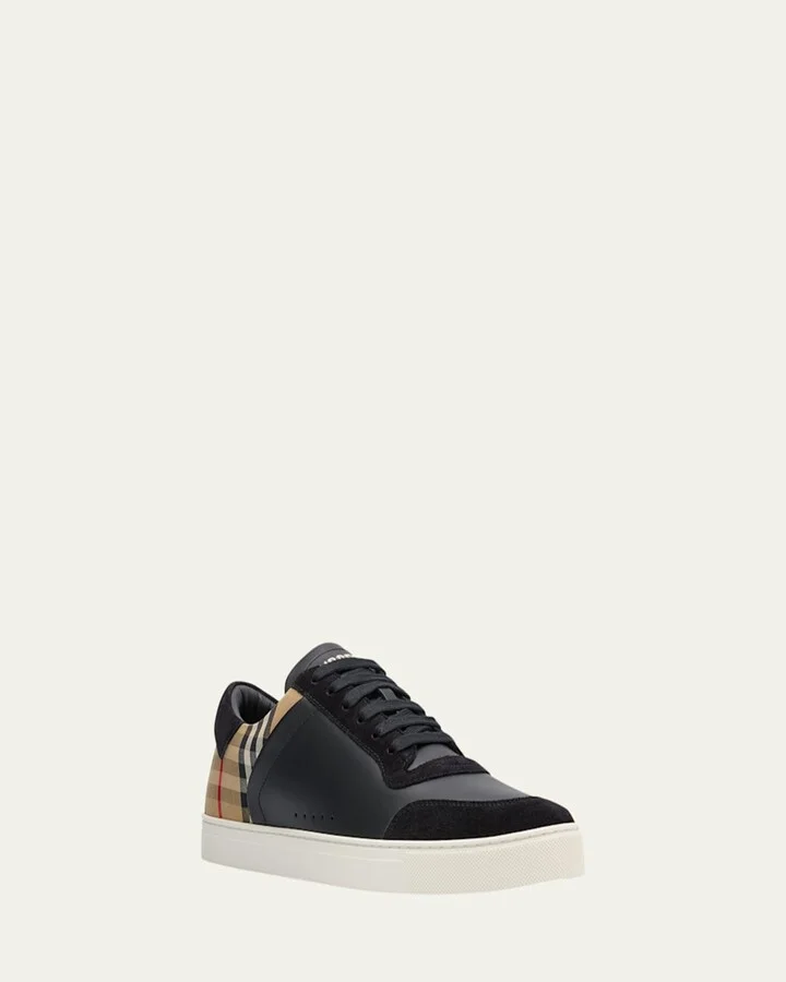 Men's Stevie Leather and Check Low-Top Sneakers - Image 3