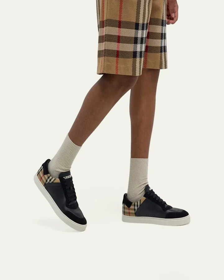 Men's Stevie Leather and Check Low-Top Sneakers - Image 5