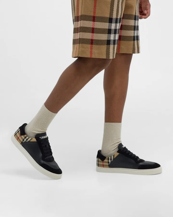Men's Stevie Leather and Check Low-Top Sneakers - Image 3