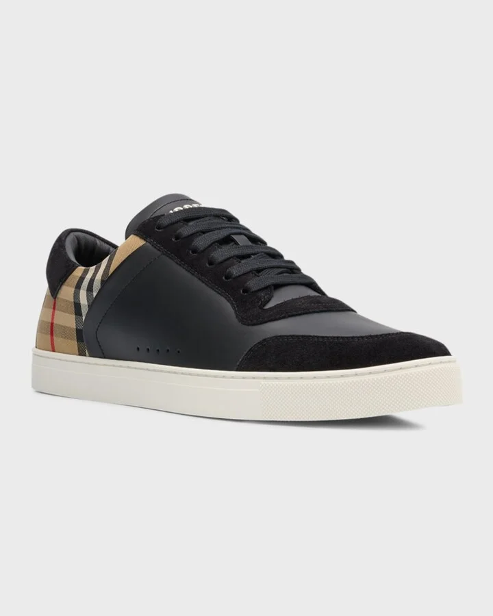 Men's Stevie Leather and Check Low-Top Sneakers - Image 4