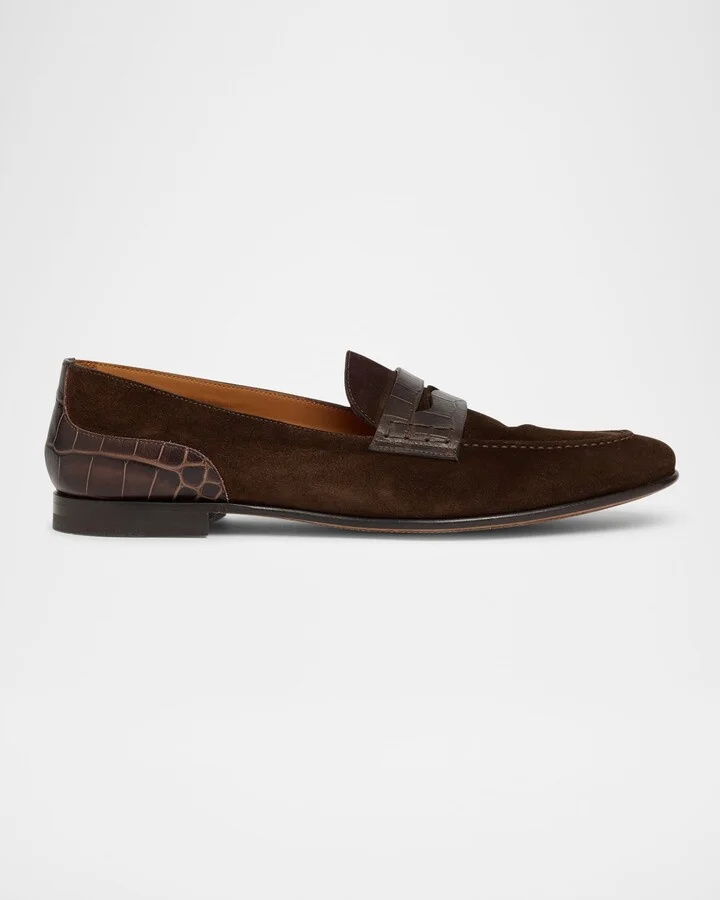Men's Suede and Alligator Penny Loafers