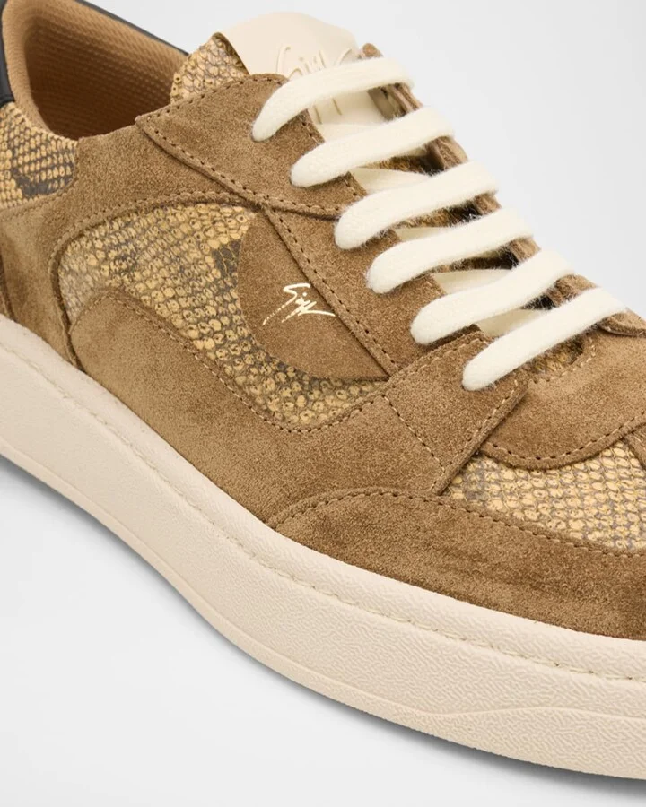 Men's Suede and Snake-Effect Leather Low-Top Sneakers - Image 5