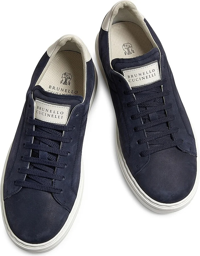 Men's Suede-Trim Low-Top Leather Sneakers - Navy - Size 9 - Image 4