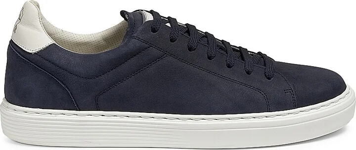 Men's Suede-Trim Low-Top Leather Sneakers - Navy - Size 9