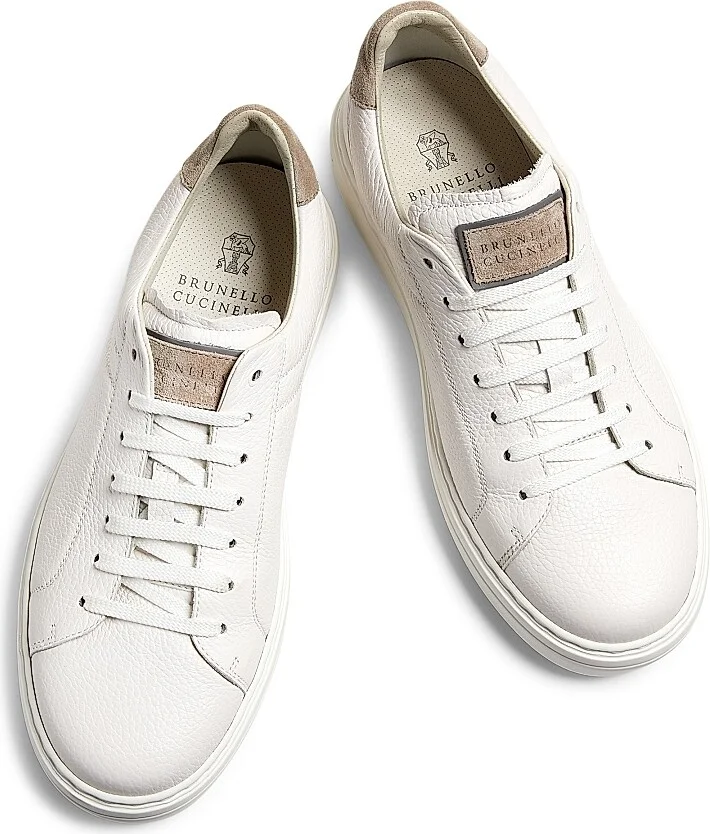 Men's Suede-Trim Low-Top Leather Sneakers - White - Size 8 - Image 3