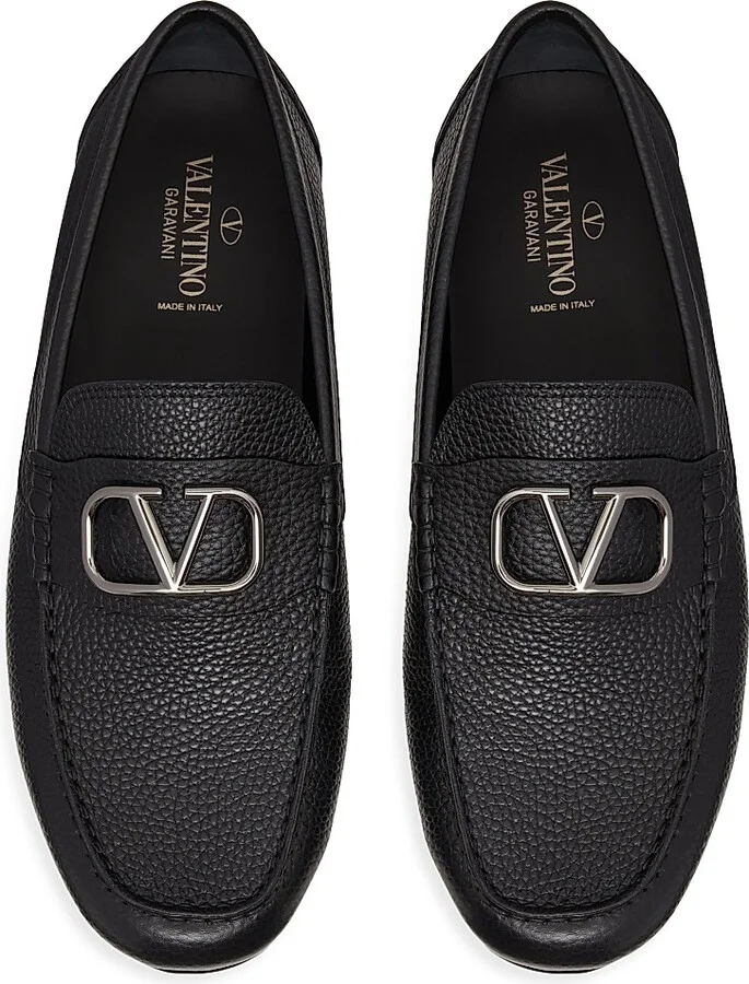 Men's VLogo Signature Grainy Calfskin Driving Shoes - Black - Size 9 - Image 4