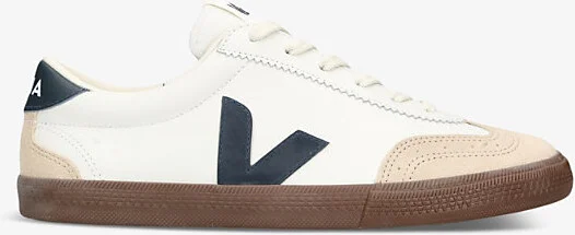 Mens White/Blk Men's Volley Logo-Embroidered Leather Low-Top Trainers Eur 42 / 8 Uk Men