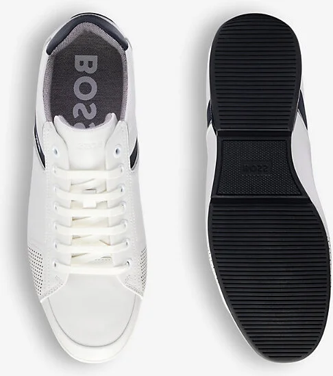 Mens White Logo-Embossed Lace-Up Leather Low-Top Trainers Eur 42 / 8 Uk Men - Image 2