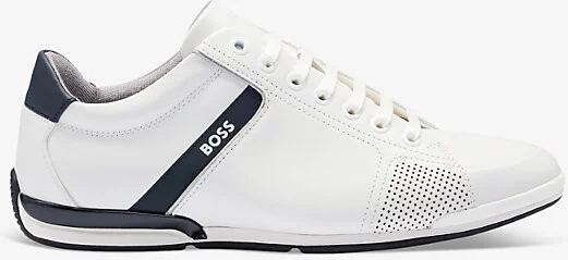Mens White Logo-Embossed Lace-Up Leather Low-Top Trainers Eur 42 / 8 Uk Men