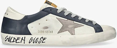 Mens White/Navy Super-Star Leather Low-Top Trainers Eur 46 / 12 Uk Men