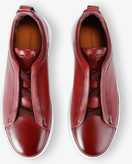 Mens Wine Triple-Stitch Low-Top Leather Trainers Eur 44.5 / 10.5 Uk Men - Image 2
