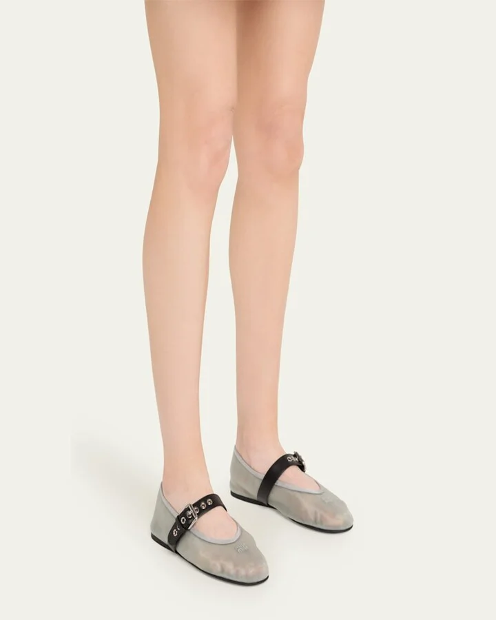 Mesh Buckle Mary-Jane Ballerina Flats - Image 2