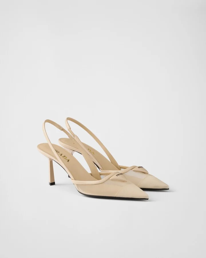Mesh fabric slingback pumps