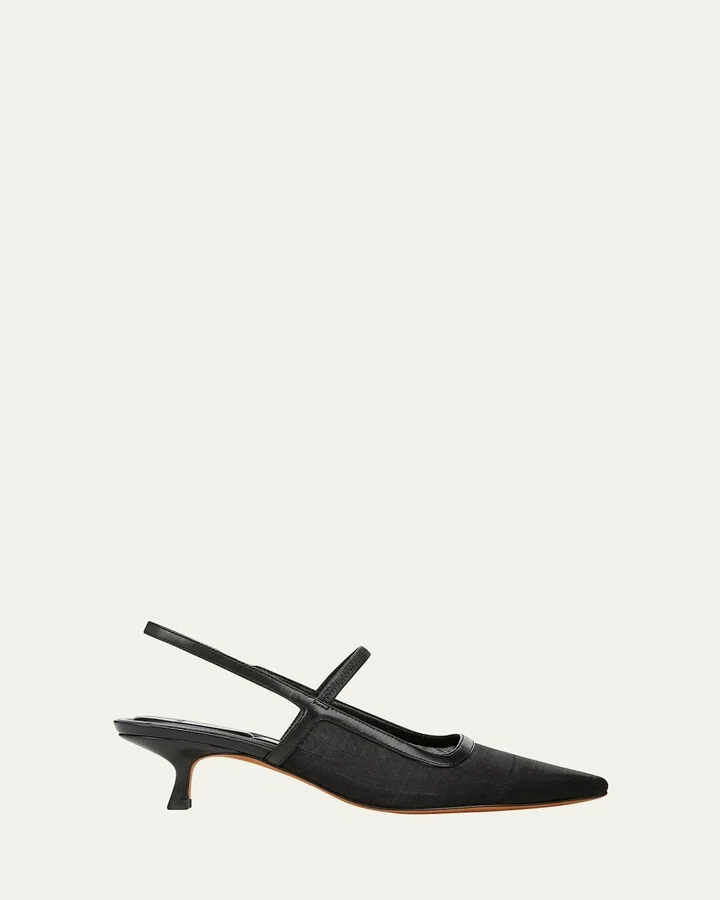 Mesh Leather Kitten Slingback Pumps